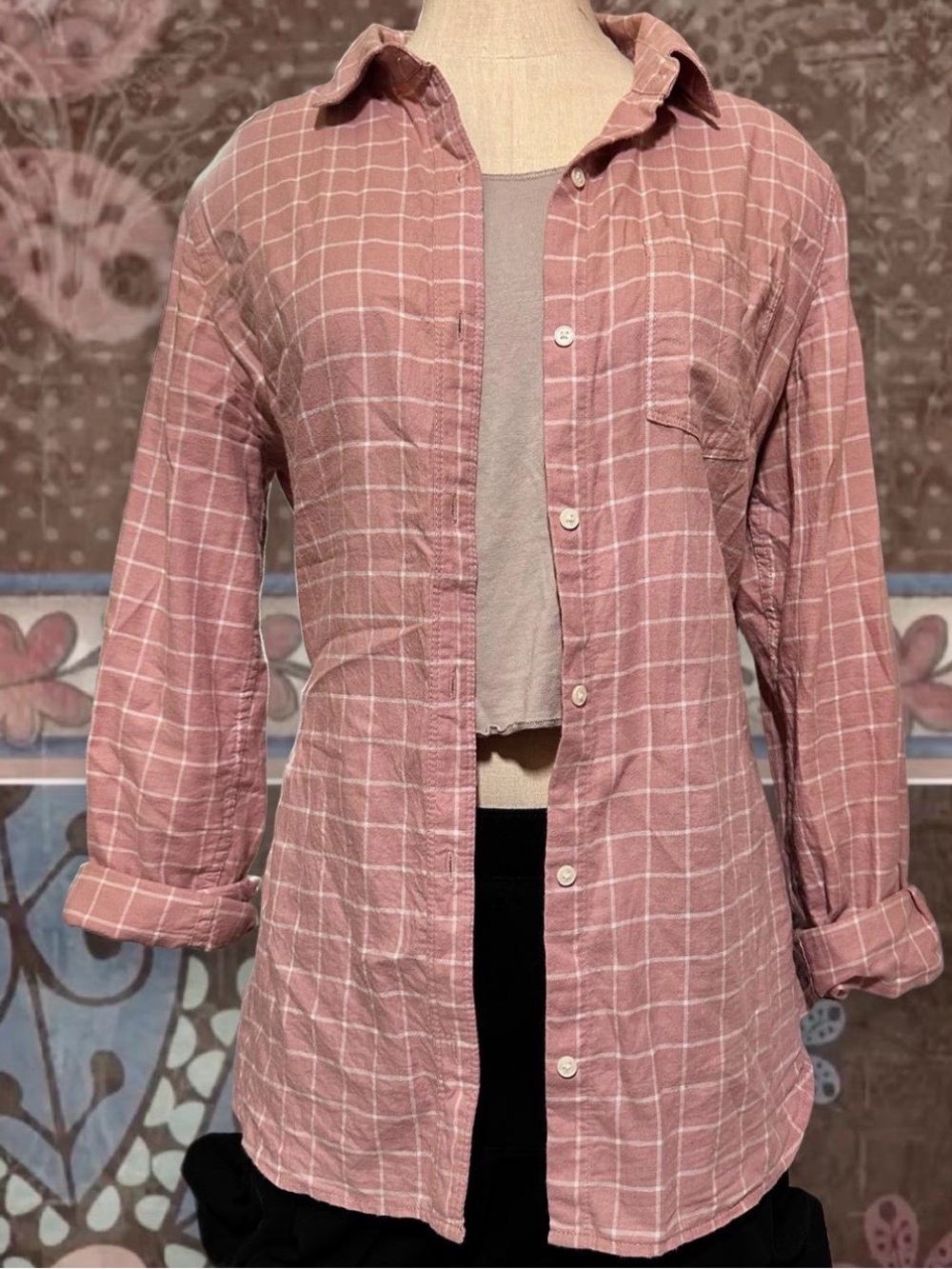 Preppy Indie Grunge Pink & White Plaid Checkered Flannel Button Down